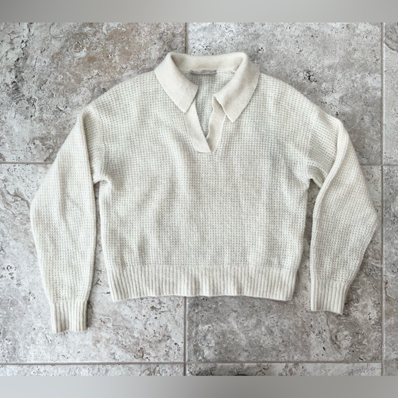 Everlane The Alpaca Wool Waffle-Stitch Polo Sweater in Ivory, size XXS - Picture 8 of 8